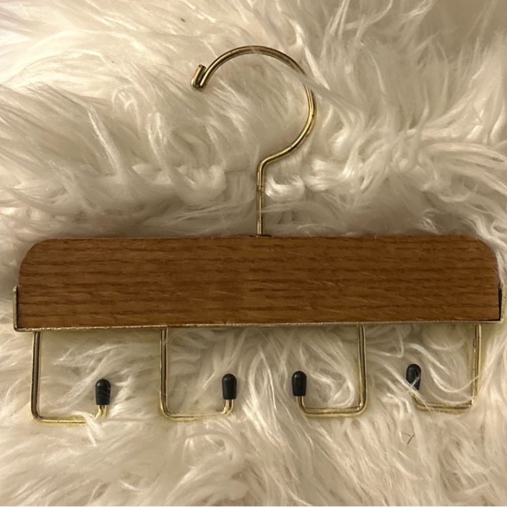 Belt Tie Holder-Wood Brass-8” Long 4 Hook Rubber Tipped